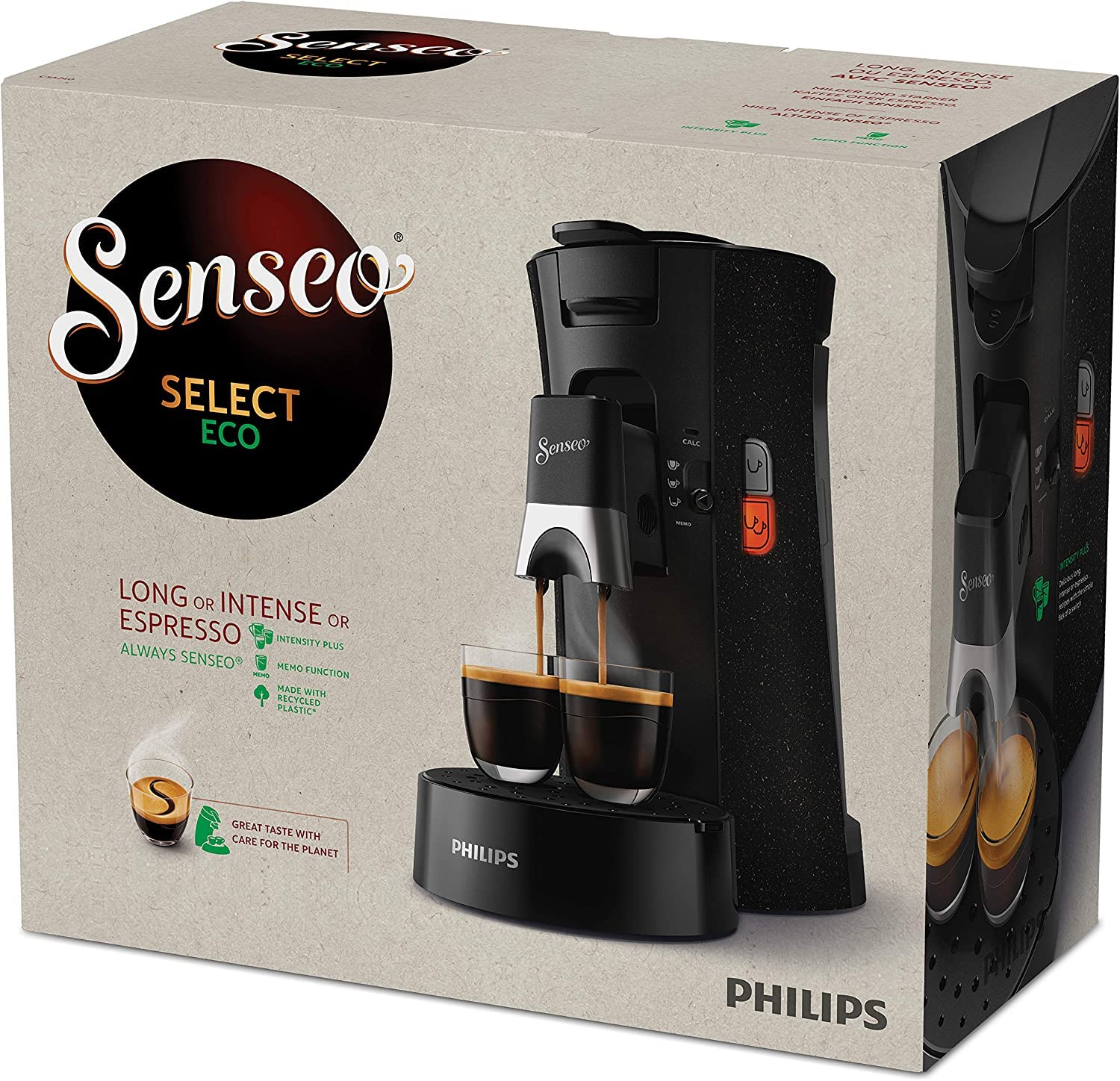 Aurien Eco Select – Cafetière Dosettes, 1450W, Plastique Recyclé, Force Plus, Mémo – Noir Moucheté (CSA240/20)